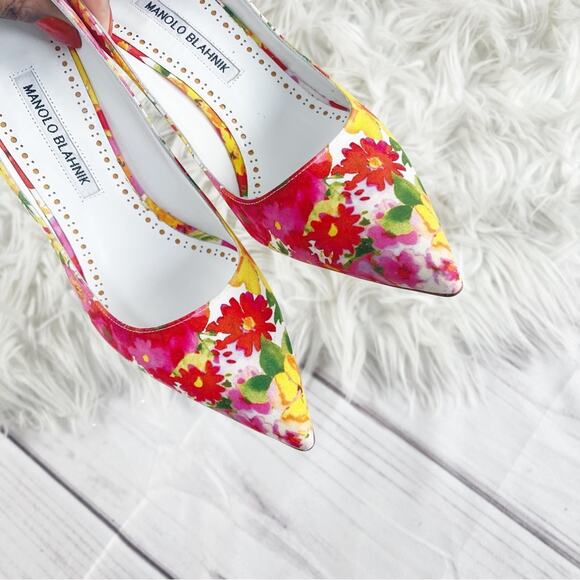🆕 Manolo Blahnik Women's Bb Yellow Floral Print Pointed Toe‎ Pumps Size 36.5 - Picture 7 of 8